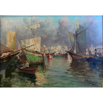 ANTICO QUADRO OLIO S. Balsamo PAESAGGIO MARINA GOLFO di NAPOLI PESCATORI BARCHE