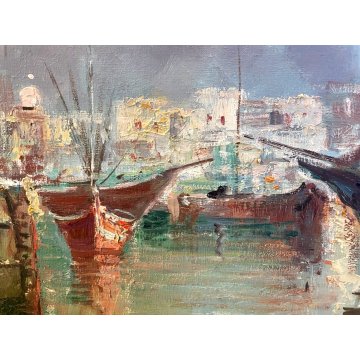 ANTICO QUADRO OLIO S. Balsamo PAESAGGIO MARINA GOLFO di NAPOLI PESCATORI BARCHE