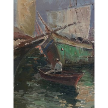 ANTICO QUADRO OLIO S. Balsamo PAESAGGIO MARINA GOLFO di NAPOLI PESCATORI BARCHE