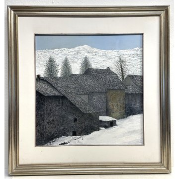 QUADRO DIPINTO OLIO TAVOLA PAESAGGIO MONTAGNA BAITA NEVE MATERICO ANNI 60