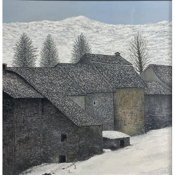 QUADRO DIPINTO OLIO TAVOLA PAESAGGIO MONTAGNA BAITA NEVE MATERICO ANNI 60