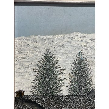 QUADRO DIPINTO OLIO TAVOLA PAESAGGIO MONTAGNA BAITA NEVE MATERICO ANNI 60