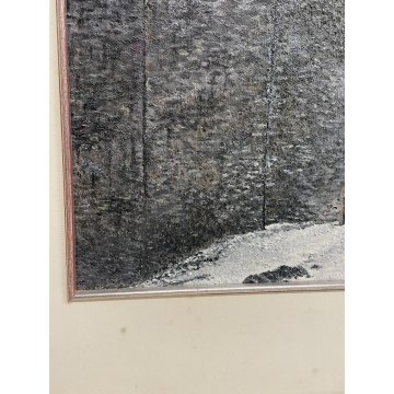 QUADRO DIPINTO OLIO TAVOLA PAESAGGIO MONTAGNA BAITA NEVE MATERICO ANNI 60