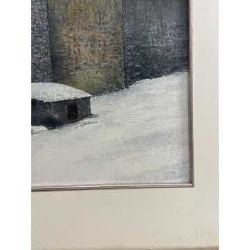 QUADRO DIPINTO OLIO TAVOLA PAESAGGIO MONTAGNA BAITA NEVE MATERICO ANNI 60