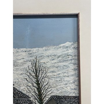 QUADRO DIPINTO OLIO TAVOLA PAESAGGIO MONTAGNA BAITA NEVE MATERICO ANNI 60