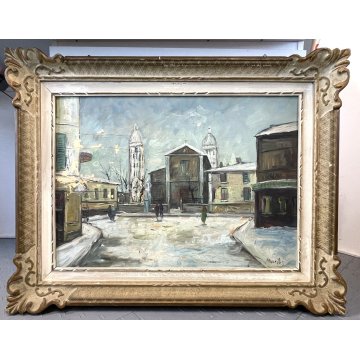 ANTICO QUADRO OLIO CITTA' CATTEDRALE PAESAGGIO INVERNALE FIGURE NEVE FRANCIA