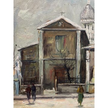 ANTICO QUADRO OLIO CITTA' CATTEDRALE PAESAGGIO INVERNALE FIGURE NEVE FRANCIA