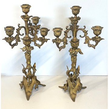 ANTICA COPPIA CANDELIERE CANDELABRO LIBERTY PORTACANDELE OTTONE DORATO EPOCA 900