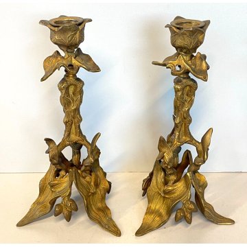 ANTICA COPPIA CANDELIERE CANDELABRO LIBERTY PORTACANDELE OTTONE DORATO EPOCA 900