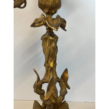 ANTICA COPPIA CANDELIERE CANDELABRO LIBERTY PORTACANDELE OTTONE DORATO EPOCA 900