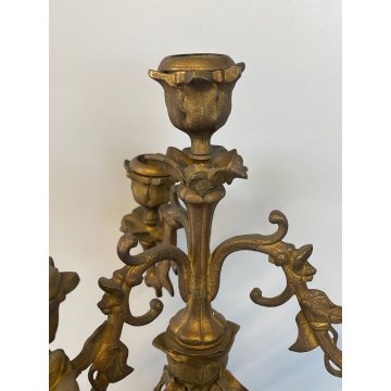 ANTICA COPPIA CANDELIERE CANDELABRO LIBERTY PORTACANDELE OTTONE DORATO EPOCA 900