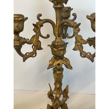 ANTICA COPPIA CANDELIERE CANDELABRO LIBERTY PORTACANDELE OTTONE DORATO EPOCA 900