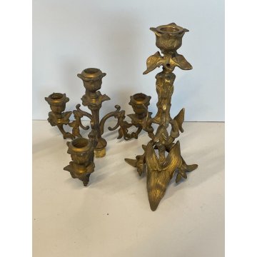 ANTICA COPPIA CANDELIERE CANDELABRO LIBERTY PORTACANDELE OTTONE DORATO EPOCA 900