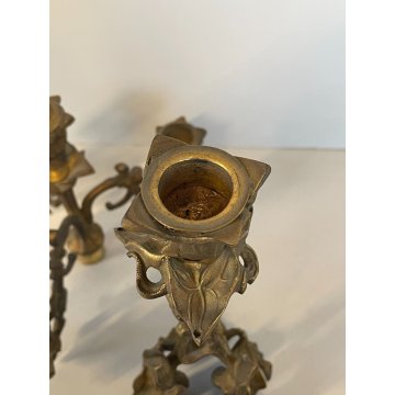 ANTICA COPPIA CANDELIERE CANDELABRO LIBERTY PORTACANDELE OTTONE DORATO EPOCA 900