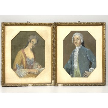 COPPIA QUADRO RITRATTO PERSONAGGI TEMPERA SU TELA 2PZ EPOCA 900 CORNICE LEGNO