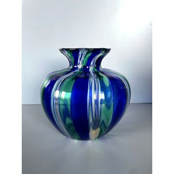 VASO A CANNE VETRO MURANO SOFFIATO BLU VERDE DESIGN VENINI INSPIRED ø 14x12,5 cm