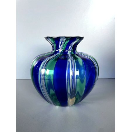 VASO A CANNE VETRO MURANO SOFFIATO BLU VERDE DESIGN VENINI INSPIRED ø 14x12,5 cm
