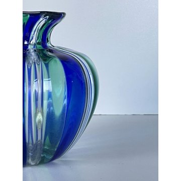 VASO A CANNE VETRO MURANO SOFFIATO BLU VERDE DESIGN VENINI INSPIRED ø 14x12,5 cm