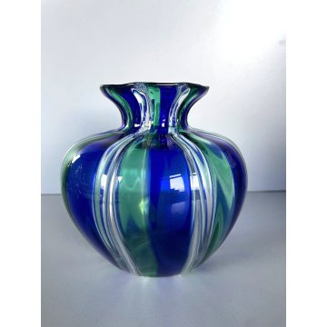 VASO A CANNE VETRO MURANO SOFFIATO BLU VERDE DESIGN VENINI INSPIRED ø 14x12,5 cm