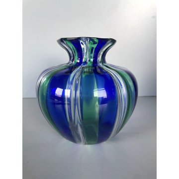 VASO A CANNE VETRO MURANO SOFFIATO BLU VERDE DESIGN VENINI INSPIRED ø 14x12,5 cm