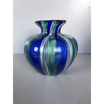 VASO A CANNE VETRO MURANO SOFFIATO BLU VERDE DESIGN VENINI INSPIRED ø 14x12,5 cm