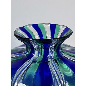 VASO A CANNE VETRO MURANO SOFFIATO BLU VERDE DESIGN VENINI INSPIRED ø 14x12,5 cm