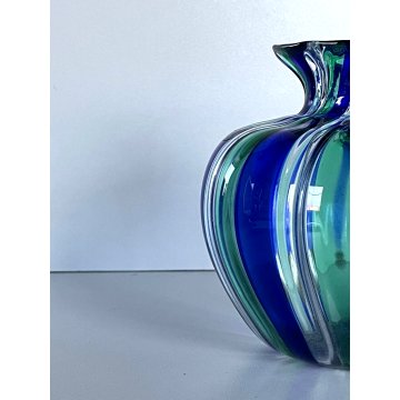 VASO A CANNE VETRO MURANO SOFFIATO BLU VERDE DESIGN VENINI INSPIRED ø 14x12,5 cm