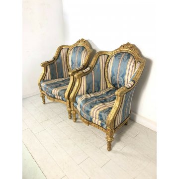 COPPIA POLTRONA BAROCCA TESSUTO JACQUARD ARMCHAIR BERGERES TRONO 1900 DORATA OLD