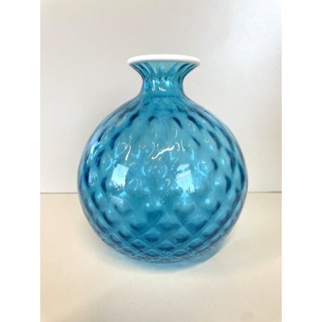 VASO BALLOTON MONOFIORE VETRO MURANO SOFFIATO AZZURRO DESIGN VENINI ø 15 cm '900