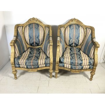 COPPIA POLTRONA BAROCCA TESSUTO JACQUARD ARMCHAIR BERGERES TRONO 1900 DORATA OLD