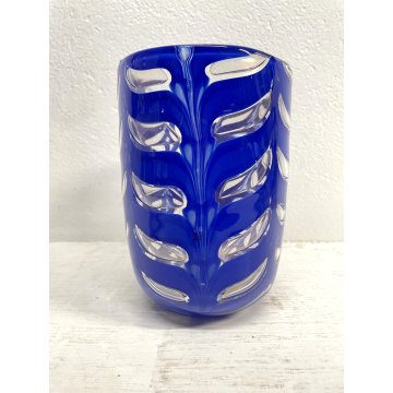 VASO VETRO MURANO Graffito DESIGN Barovier&Toso BLU TRASPARENTE AVVENTURINA ORO