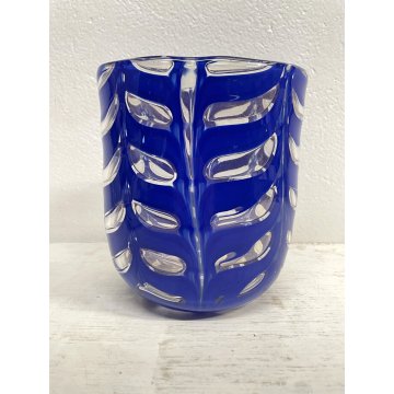 VASO VETRO MURANO Graffito DESIGN Barovier&Toso BLU TRASPARENTE AVVENTURINA ORO