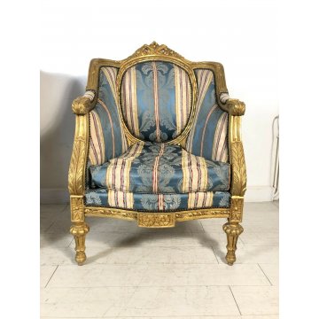 COPPIA POLTRONA BAROCCA TESSUTO JACQUARD ARMCHAIR BERGERES TRONO 1900 DORATA OLD