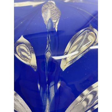 VASO VETRO MURANO Graffito DESIGN Barovier&Toso BLU TRASPARENTE AVVENTURINA ORO