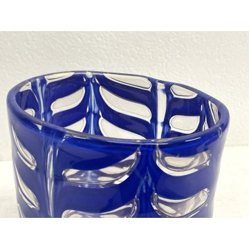 VASO VETRO MURANO Graffito DESIGN Barovier&Toso BLU TRASPARENTE AVVENTURINA ORO