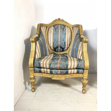 COPPIA POLTRONA BAROCCA TESSUTO JACQUARD ARMCHAIR BERGERES TRONO 1900 DORATA OLD