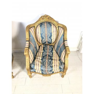 COPPIA POLTRONA BAROCCA TESSUTO JACQUARD ARMCHAIR BERGERES TRONO 1900 DORATA OLD