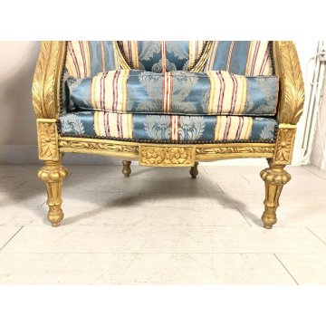 COPPIA POLTRONA BAROCCA TESSUTO JACQUARD ARMCHAIR BERGERES TRONO 1900 DORATA OLD