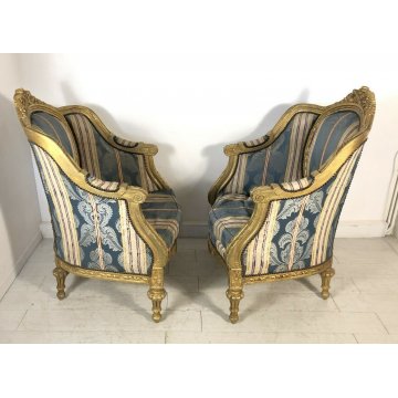 COPPIA POLTRONA BAROCCA TESSUTO JACQUARD ARMCHAIR BERGERES TRONO 1900 DORATA OLD