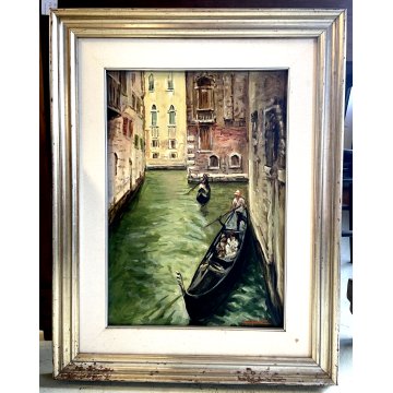 ANTICO QUADRO DIPINTO OLIO FIRMATO Zapedro SCORCIO VENEZIA FIGURE GONDOLE CANALE