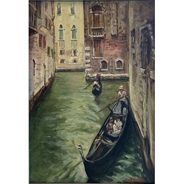 ANTICO QUADRO DIPINTO OLIO FIRMATO Zapedro SCORCIO VENEZIA FIGURE GONDOLE CANALE