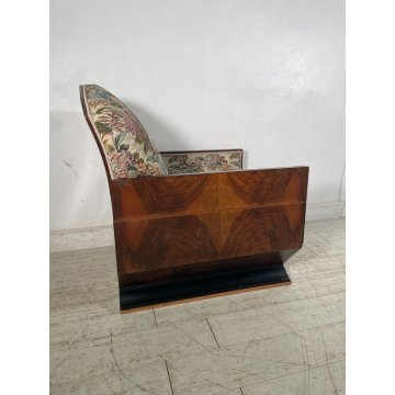 POLTRONA ART DECO LEGNO NOCE RADICA EPOCA 1930 SALOTTO SEDIA STOFFA FLOREALE