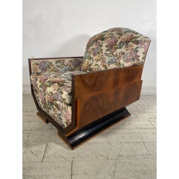 POLTRONA ART DECO LEGNO NOCE RADICA EPOCA 1930 SALOTTO SEDIA STOFFA FLOREALE