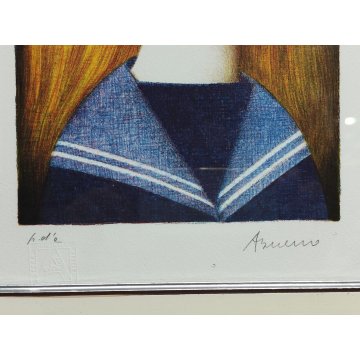 QUADRO LITOGRAFIA Antonio Bueno EPOCA '900 Marinaretta RITRATTO BAMBINA stampa