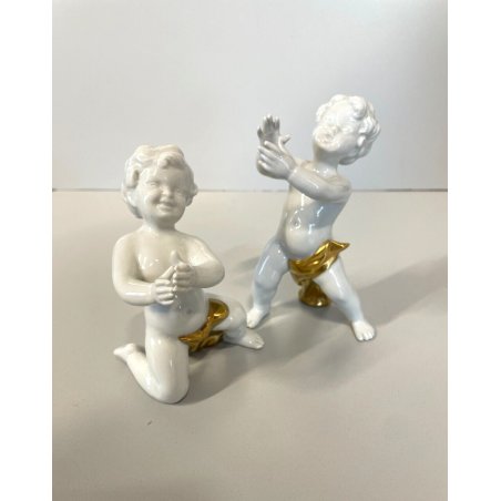 COPPIA PUTTI SCULTURE PORCELLANA CAPODIMONTE ORO CHERUBINI AMORINI ANGIOLETTI