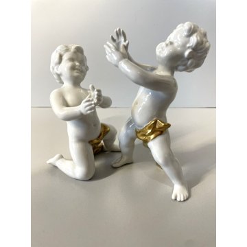 COPPIA PUTTI SCULTURE PORCELLANA CAPODIMONTE ORO CHERUBINI AMORINI ANGIOLETTI