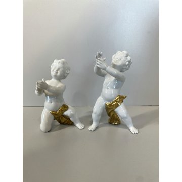 COPPIA PUTTI SCULTURE PORCELLANA CAPODIMONTE ORO CHERUBINI AMORINI ANGIOLETTI