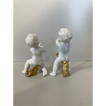 COPPIA PUTTI SCULTURE PORCELLANA CAPODIMONTE ORO CHERUBINI AMORINI ANGIOLETTI