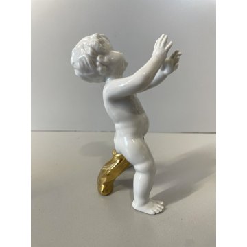 COPPIA PUTTI SCULTURE PORCELLANA CAPODIMONTE ORO CHERUBINI AMORINI ANGIOLETTI