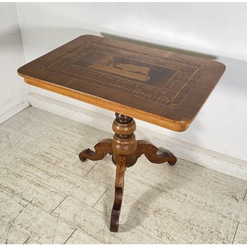 ANTICO TAVOLINO INTARSIATO TORO CORRIDA LEGNO NOCE 1800 SMALL TABLE SPAGNOLO OLD